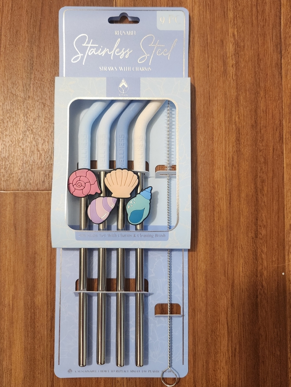 Reusable Stainless Steel Drink Straws with Blue Silicone Tips and Sea Charms